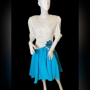 Vintage 80s Ruched Turquoise White Dress Large